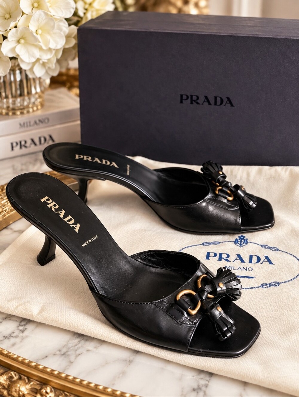 Vintage Prada Black Leather Tassel Kitten Heel Mules 37.5 Box & Dust Bag > Italy
